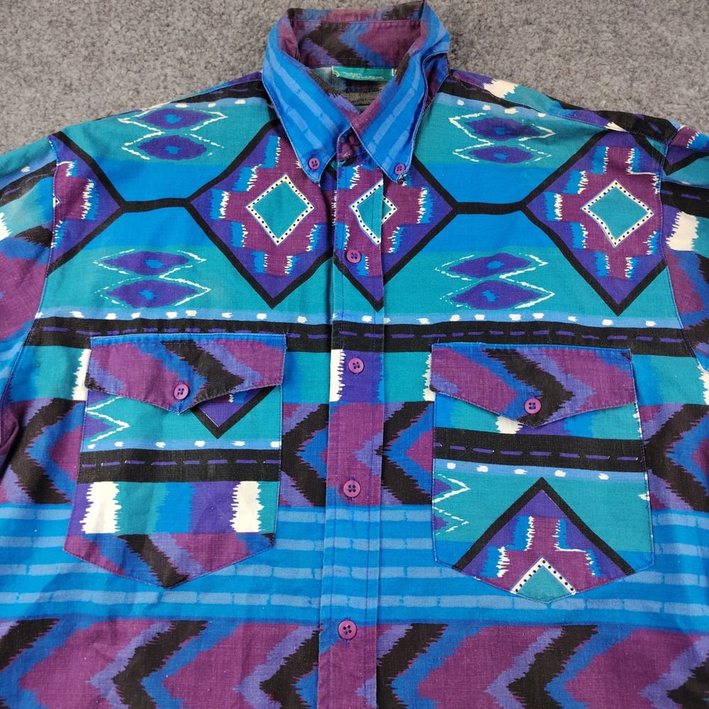 VTG Western Brushpopper Style Shirt Cotton Button Up Long Sleeve Mens Large